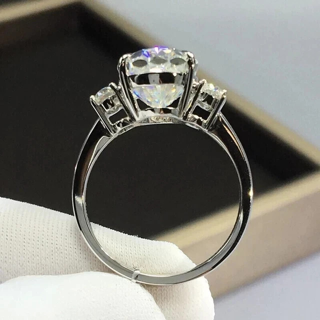 7ct Oval Cut Real Moissanite Three Stone Engagement Ring 14K White Gold Plated