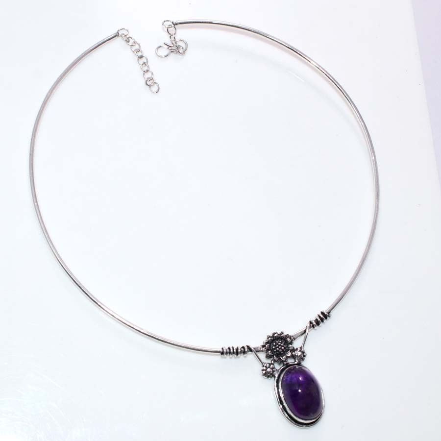 925 Silver Plated Collar Choker Natural Amethyst Necklace FreeSize Trendy MJ