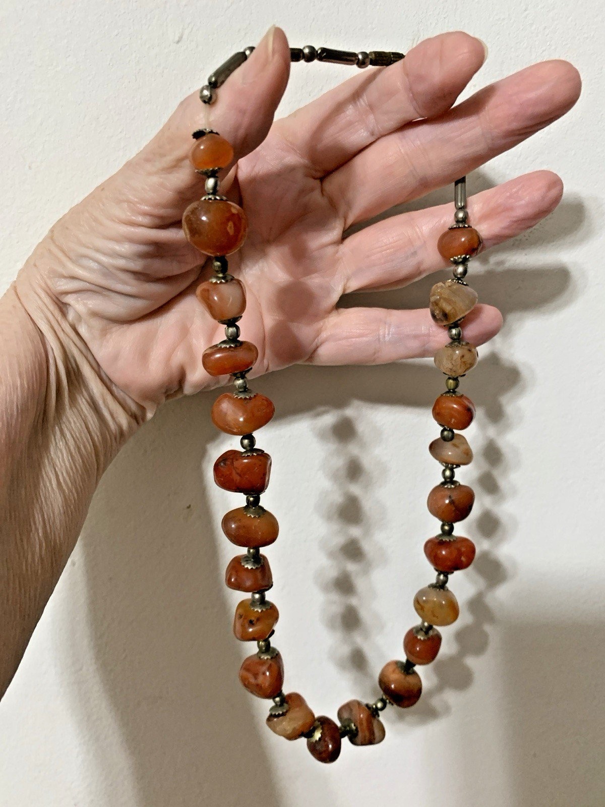 Vintage Indo Tibetan Cornelian Bead Necklace With Silver Spacer Beads . 18”long.