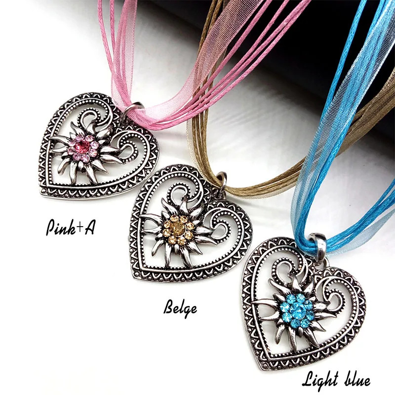 New Vintage Heart Edelweiss Flowers Necklace Organza Ribbon Pendant Women