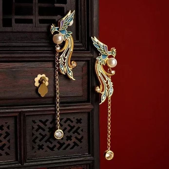 Hundred Birds Phoenix Cloisonné Earrings New Chinese Style Vintage Court Jewelry