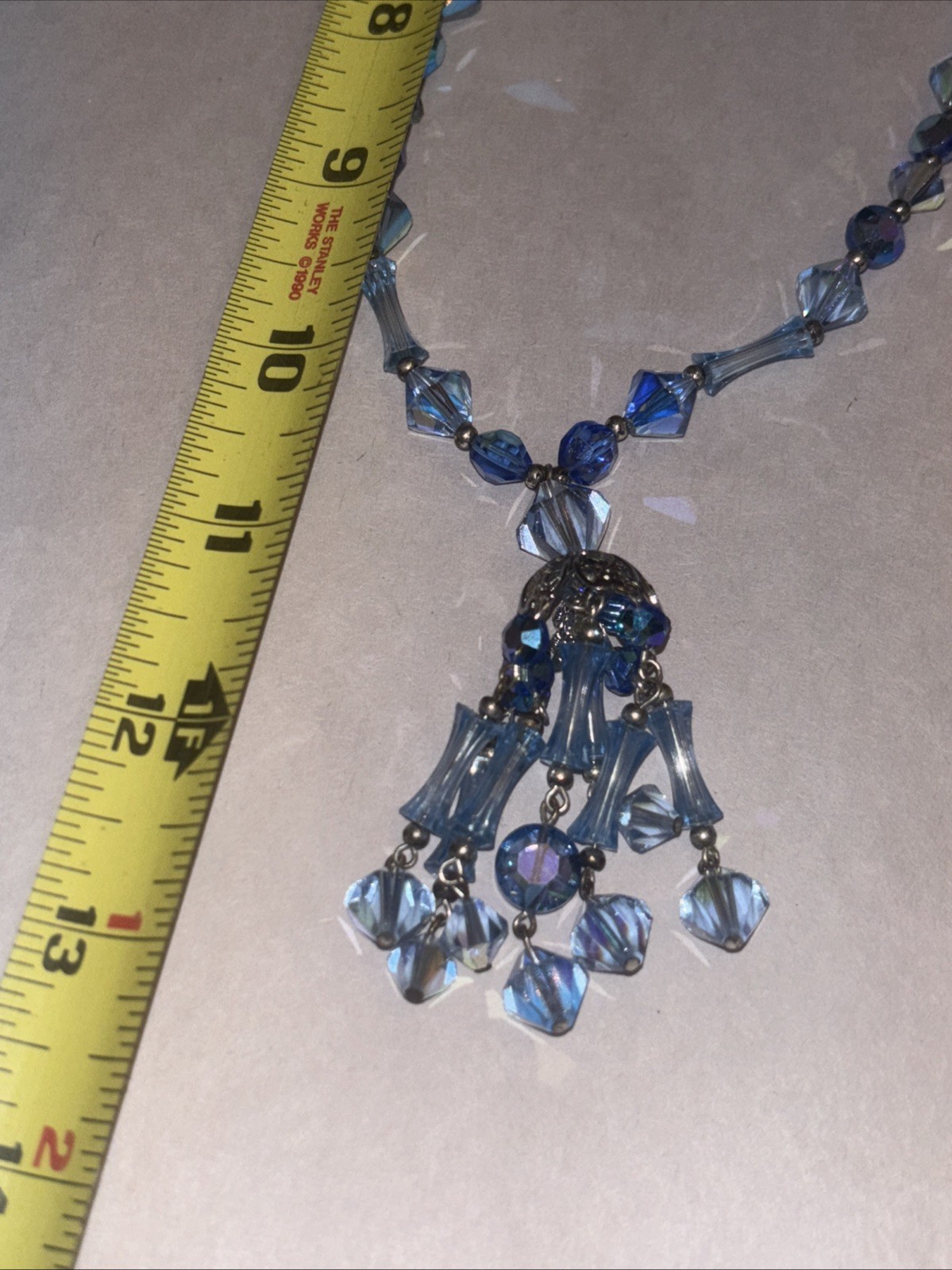 VTG BLUE AB light refracting chandelier necklace w matching earrings jewelry set