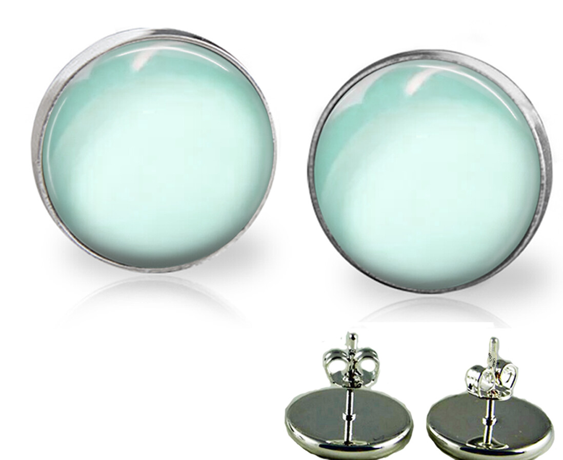 Pastel Teal Glass Top Stud Earrings 3 Sizes Handcrafted Photo Jewelry
