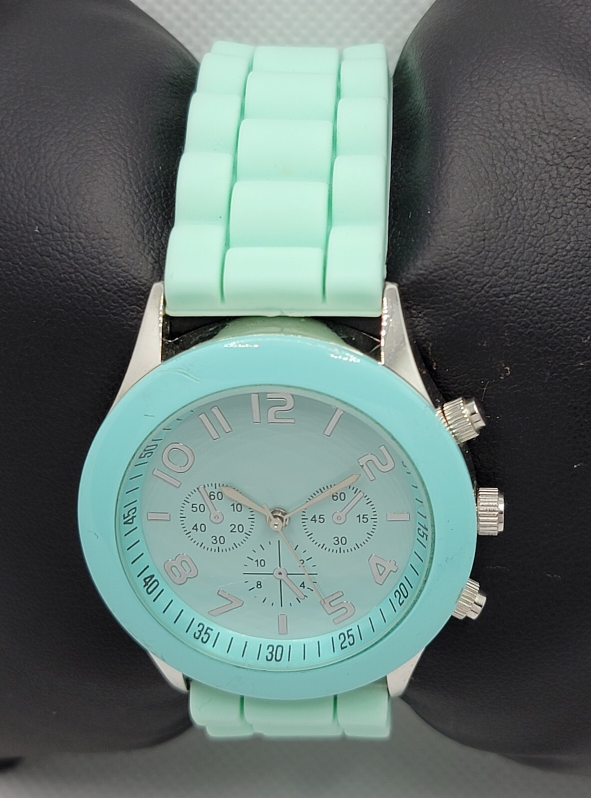Ladies Darice Silver Tone Mint Green Poly Band Analog Watch F9