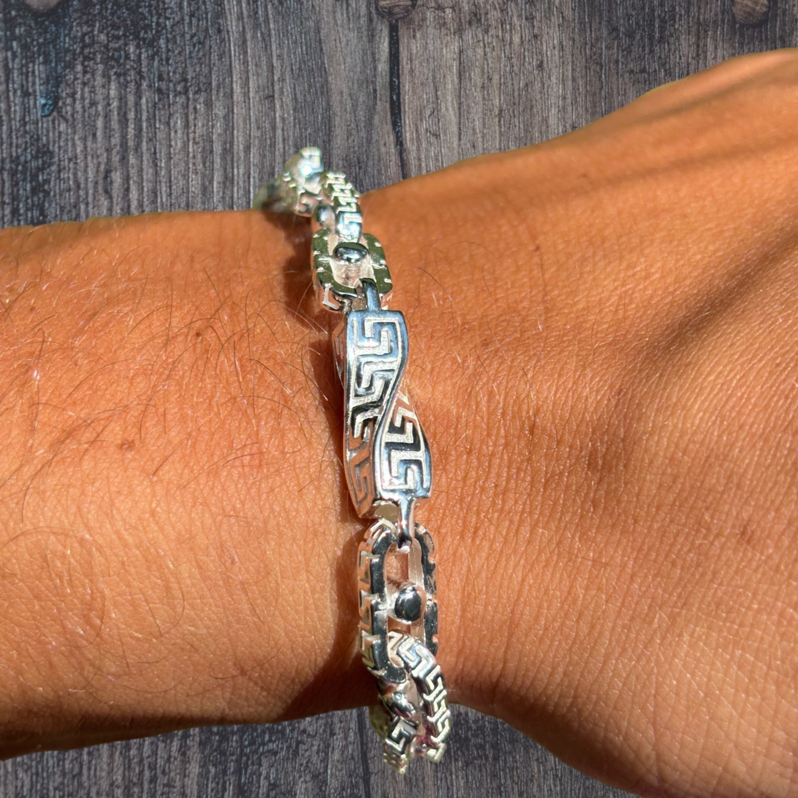 7mm Greek Key Rolo Link Bracelet – Real Solid 925 Sterling Silver MADFE IN ITALY