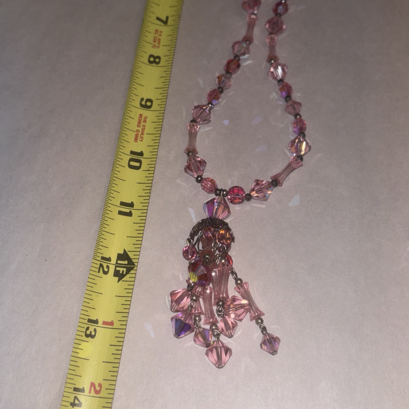 VTG Pink AB light refracting chandelier Necklace w matching Earrings Set