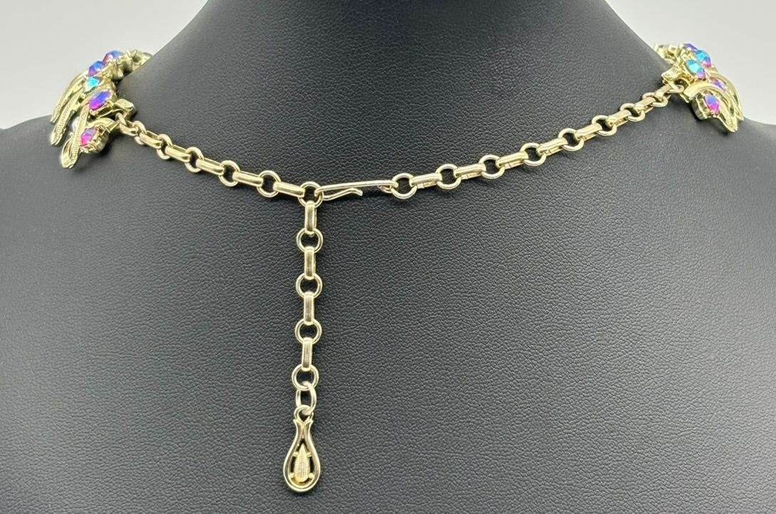 Vintage Mid Century Necklace Ribbon Link Design Gold Tone AB Rhinestone Unsigned