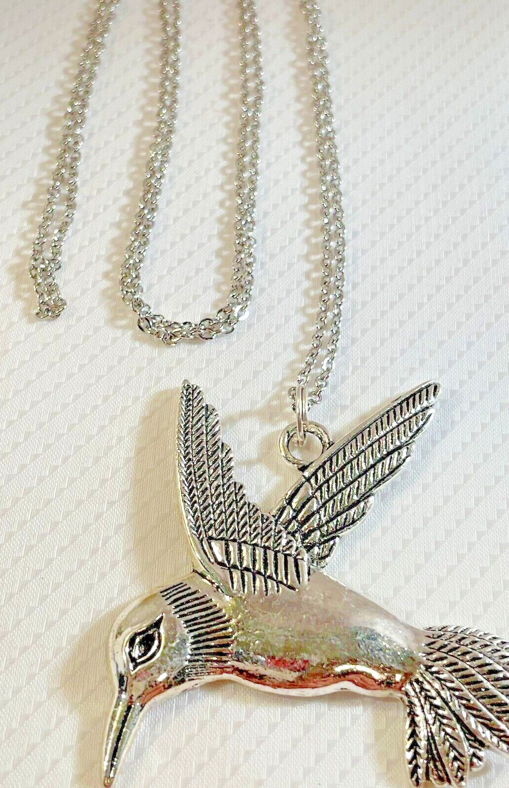Hummingbird Silver Necklace 30” Stainless Statement Jewelry Bird Gif NEW