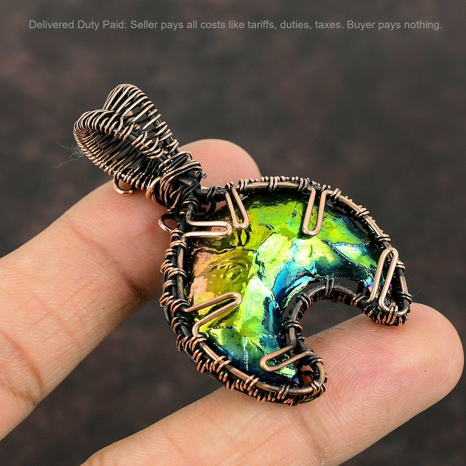 Copper Natural Titanium Druzy Daughter Wire Wrapped Crescent Moon Trendy Pendant