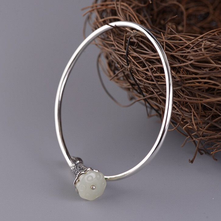 I05 Bangle Silver 925 with Lotus Flower Bud White Jade Cloisonne Green