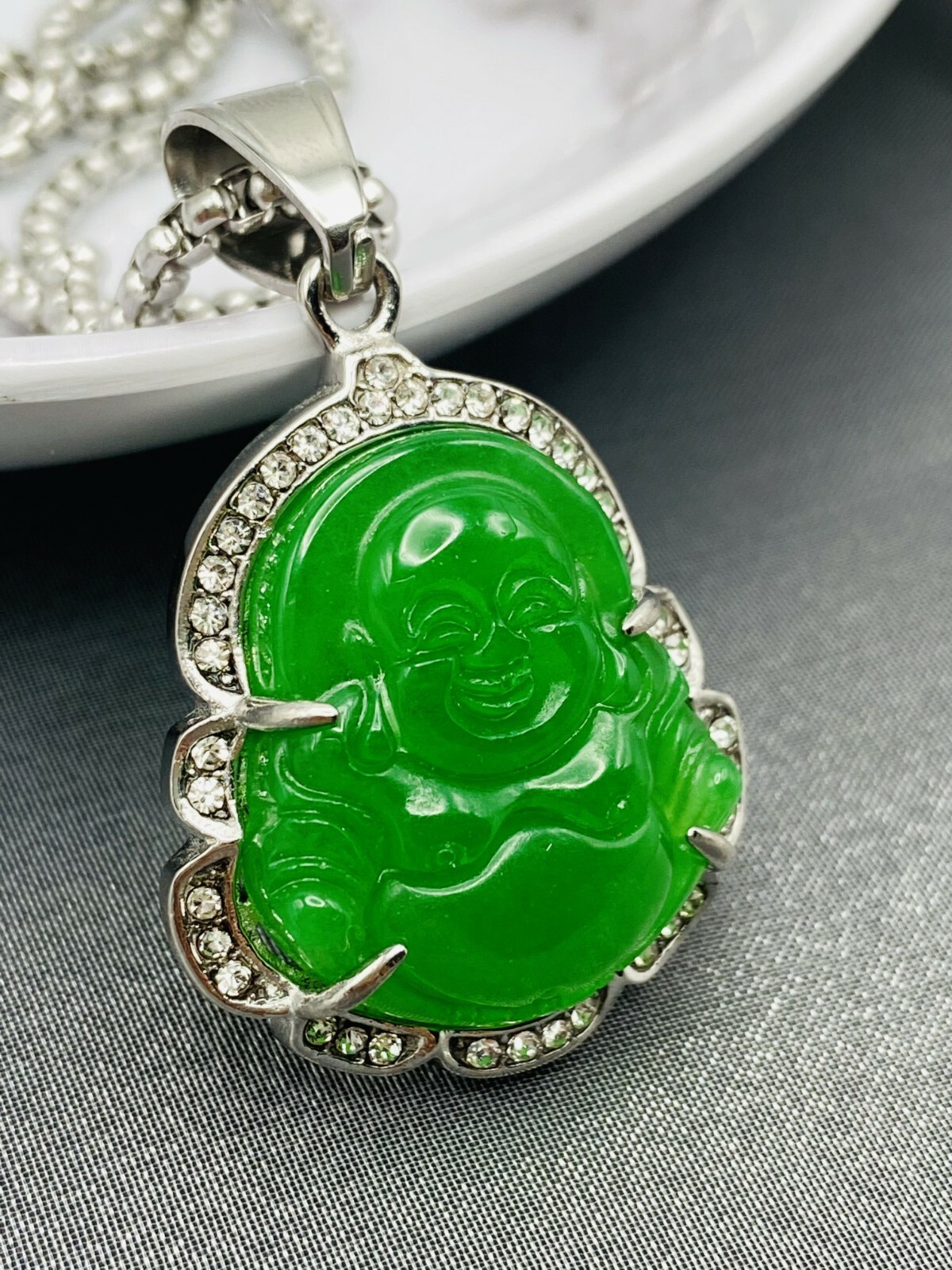Jade Buddha Pendant Necklace 18K White Gold Plated Crystal Charm Hip Hop Chain