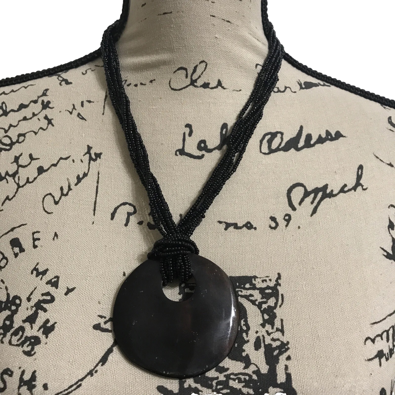 Black Pendant Round Disc Seed Bead Multi-Layer tussles Necklace African Kenya