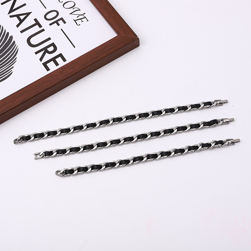 Black Leather Silver Cuban Jewelry Set Minimalist Necklace Bracelet Matching