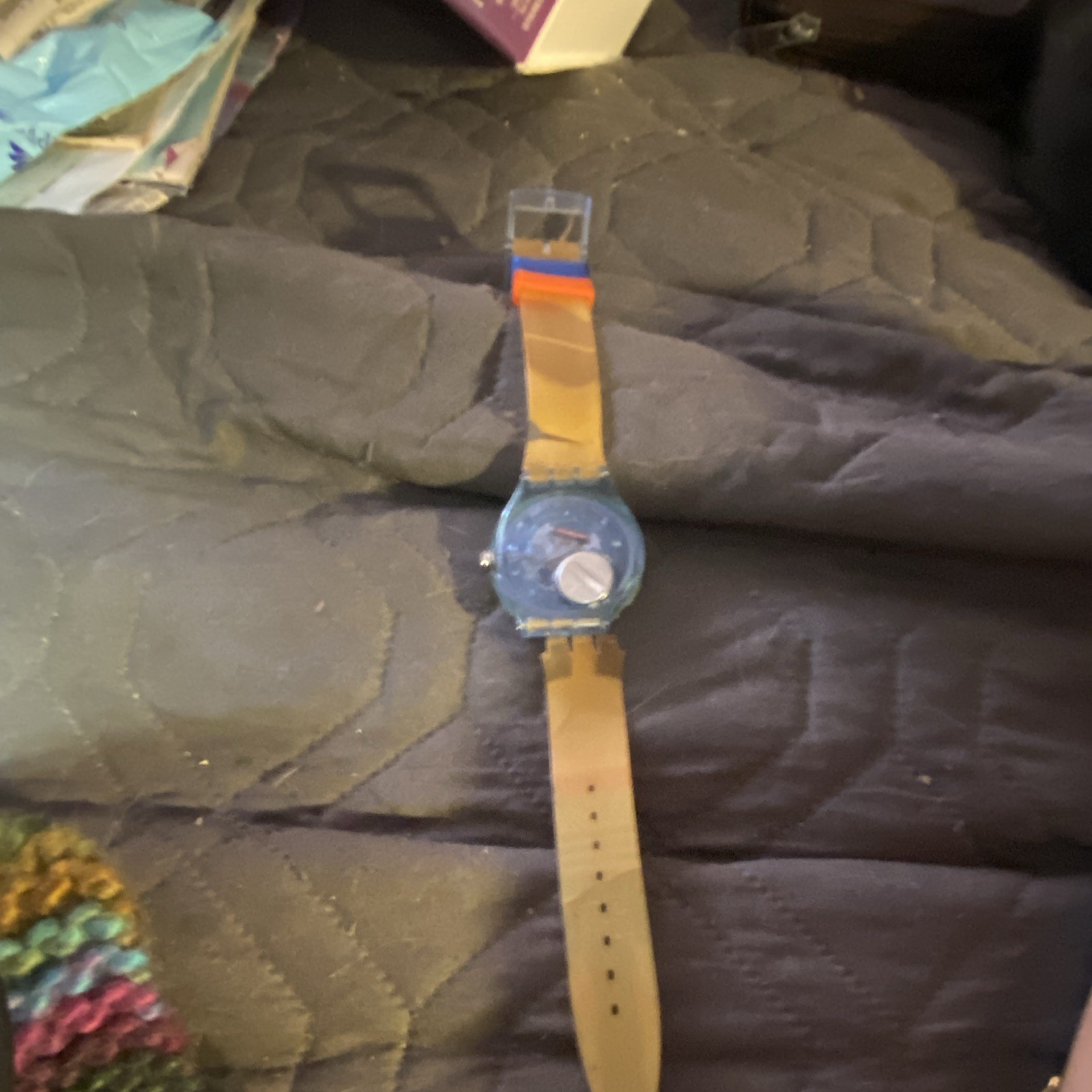 Swatch Kids Casual Analog Wristwatch Cartoon Dial Multicolor Blue/Tan Strap