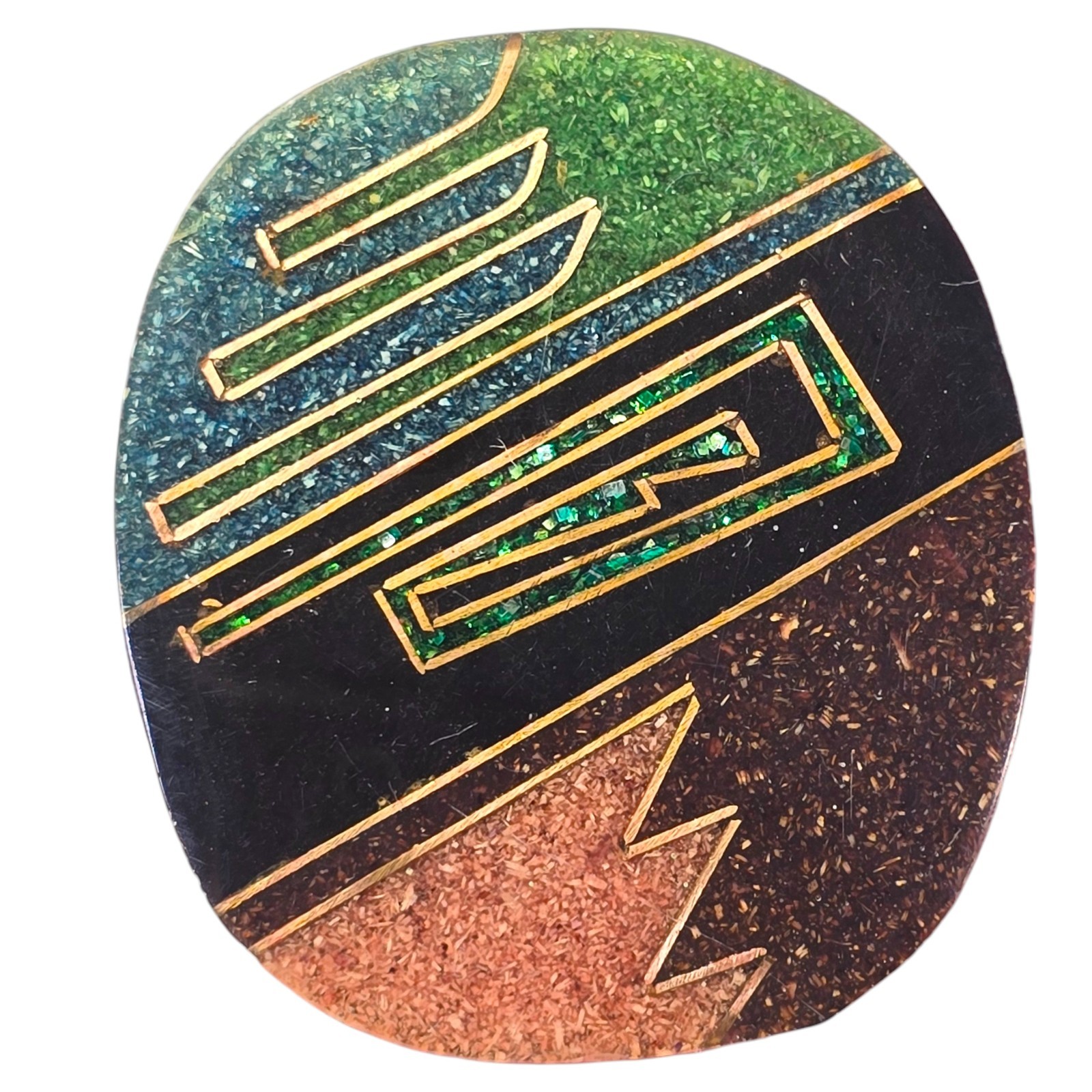 Vintage 80s Abstract Geometric Inlay Brooch Copper Line Resin Stone Southwest