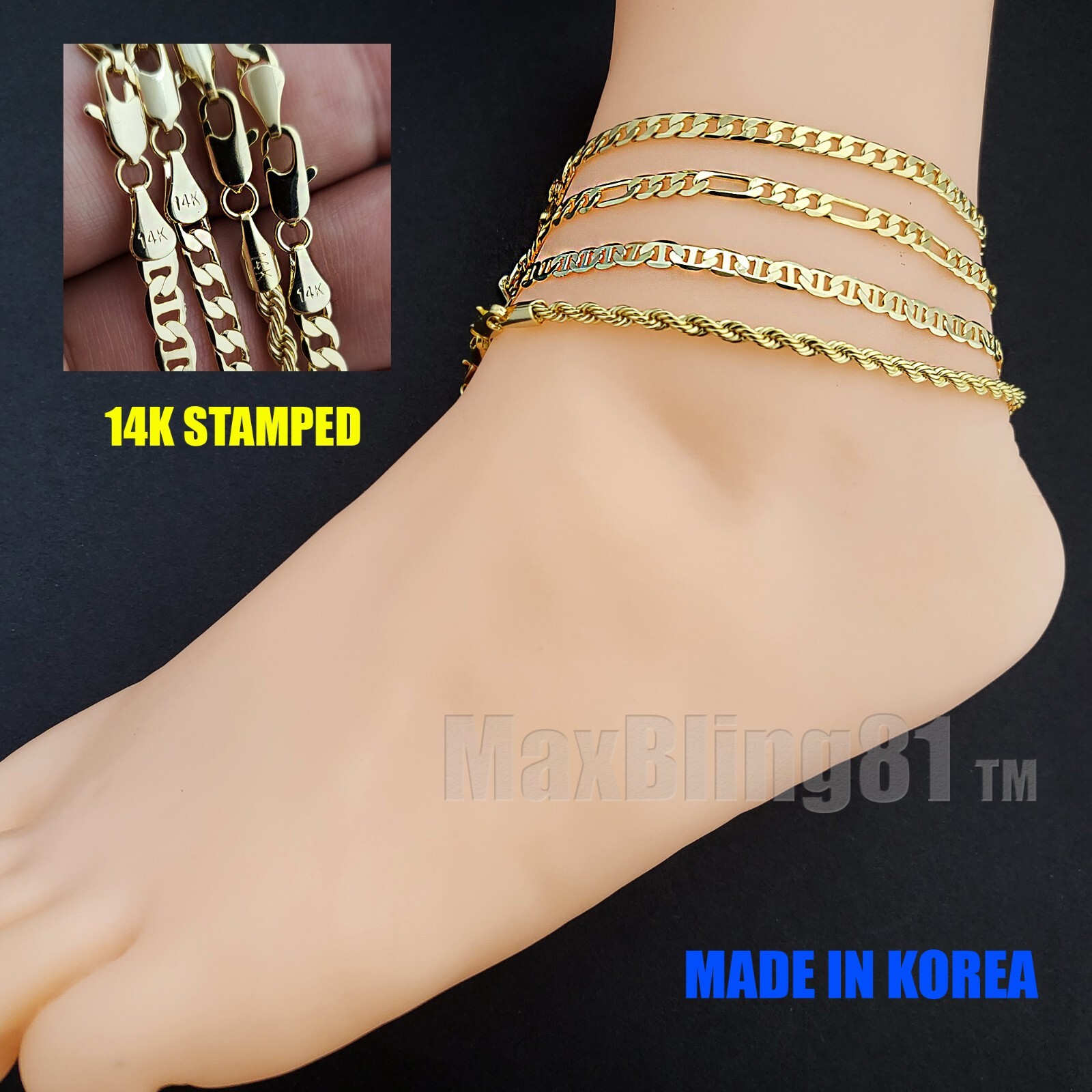 CUBAN FIGARO MARINA ROPE CHAIN 10″ FASHION ANKLET BRACELET 14K GOLD PLATED BRASS