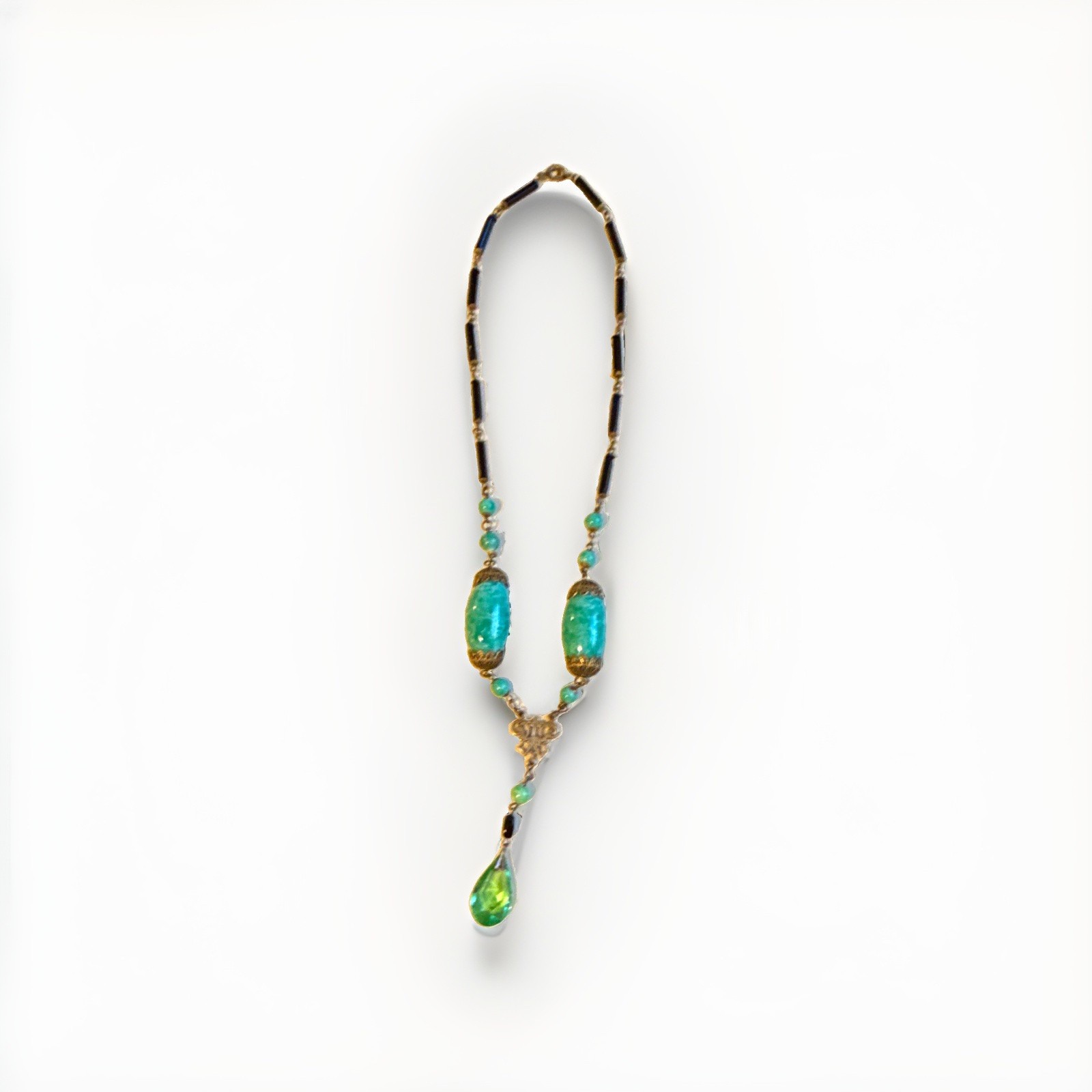 Vintage Art Deco and Pecking Glass and Brass Sautoir Necklace