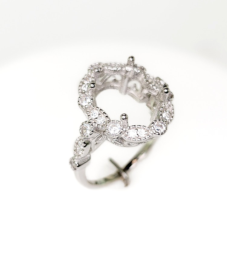 12 x 10 Oval Milgrain CZ Halo Filigree Ring Setting Sterling Silver