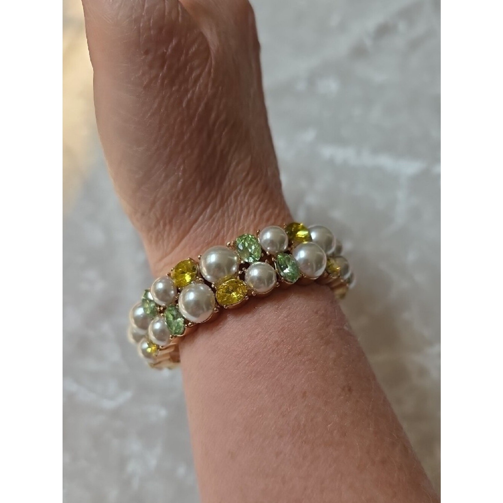Charter Club Pearl Stretch Bracelet with Yellow and Light Green Crystals