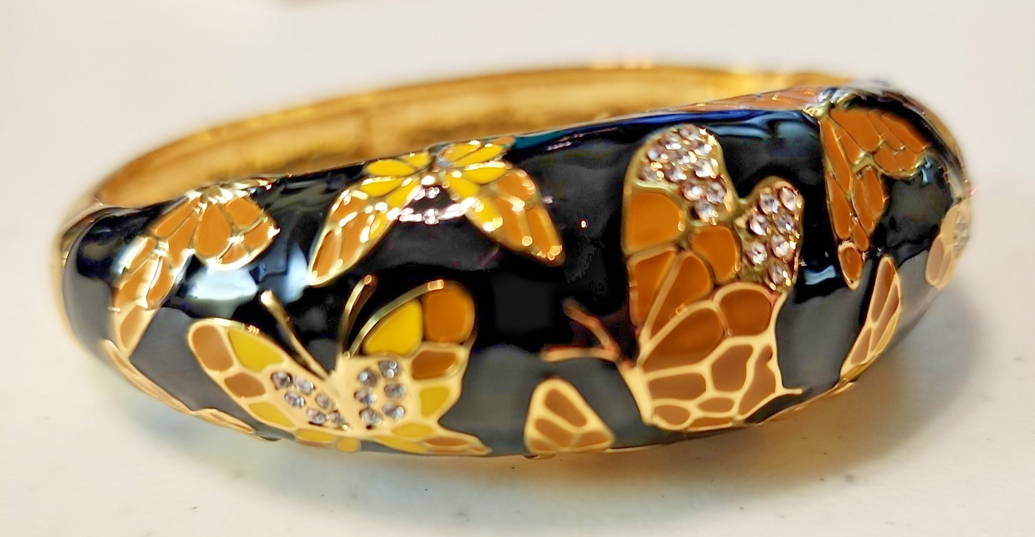 Handcrafted Enamel Gold Cloisonne Butterfly Bangle Bracelet w Austrian Crystals