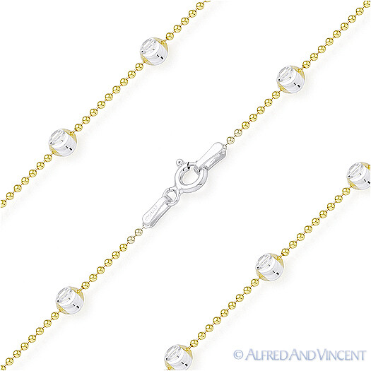 Moon Cut Ball Bead Link Italy 925 Sterling Silver 14k Yellow Gold Chain Necklace
