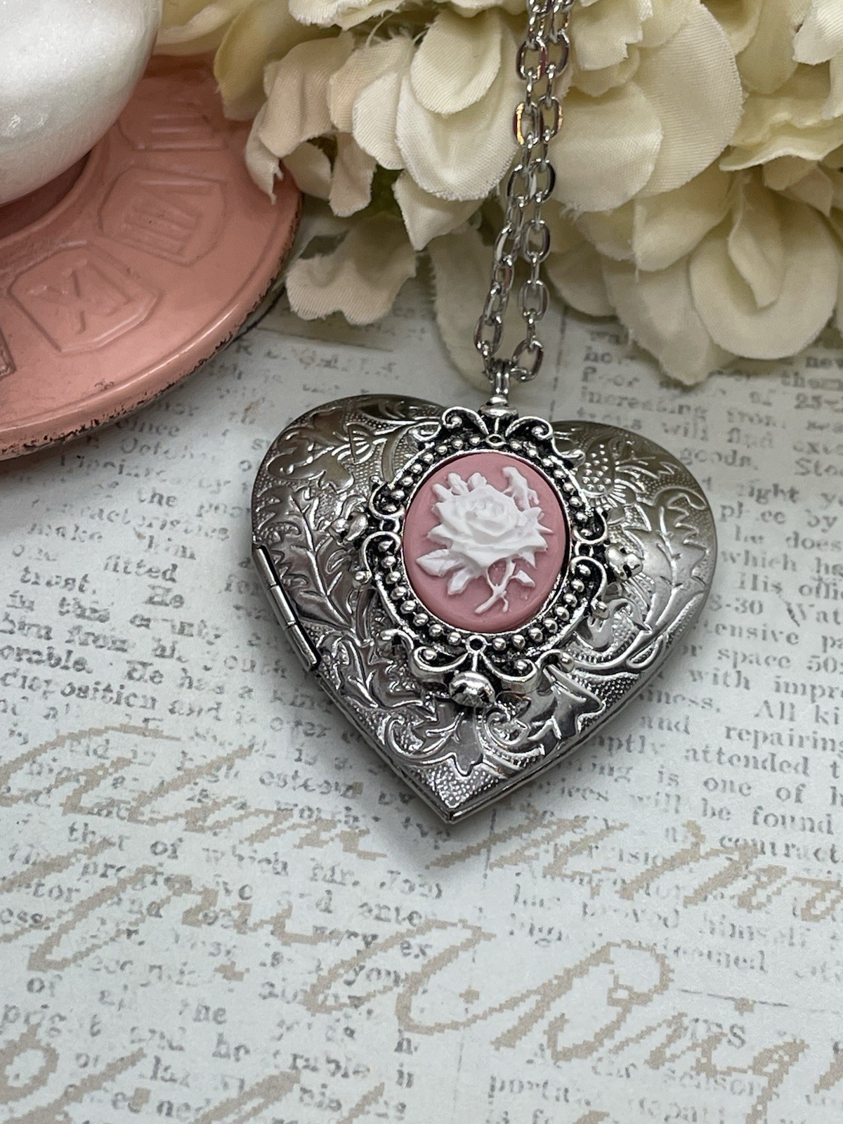 Heart Silver Pink & White Lace Locket Rose Necklace Photo Bride bridal wedding