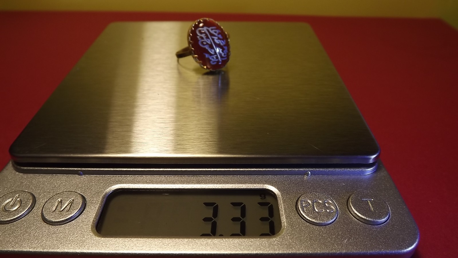 22ct Asian Yellow Gold AllahPunjatan Pak Names On Brown Haqeeq Stone Ladies Ring