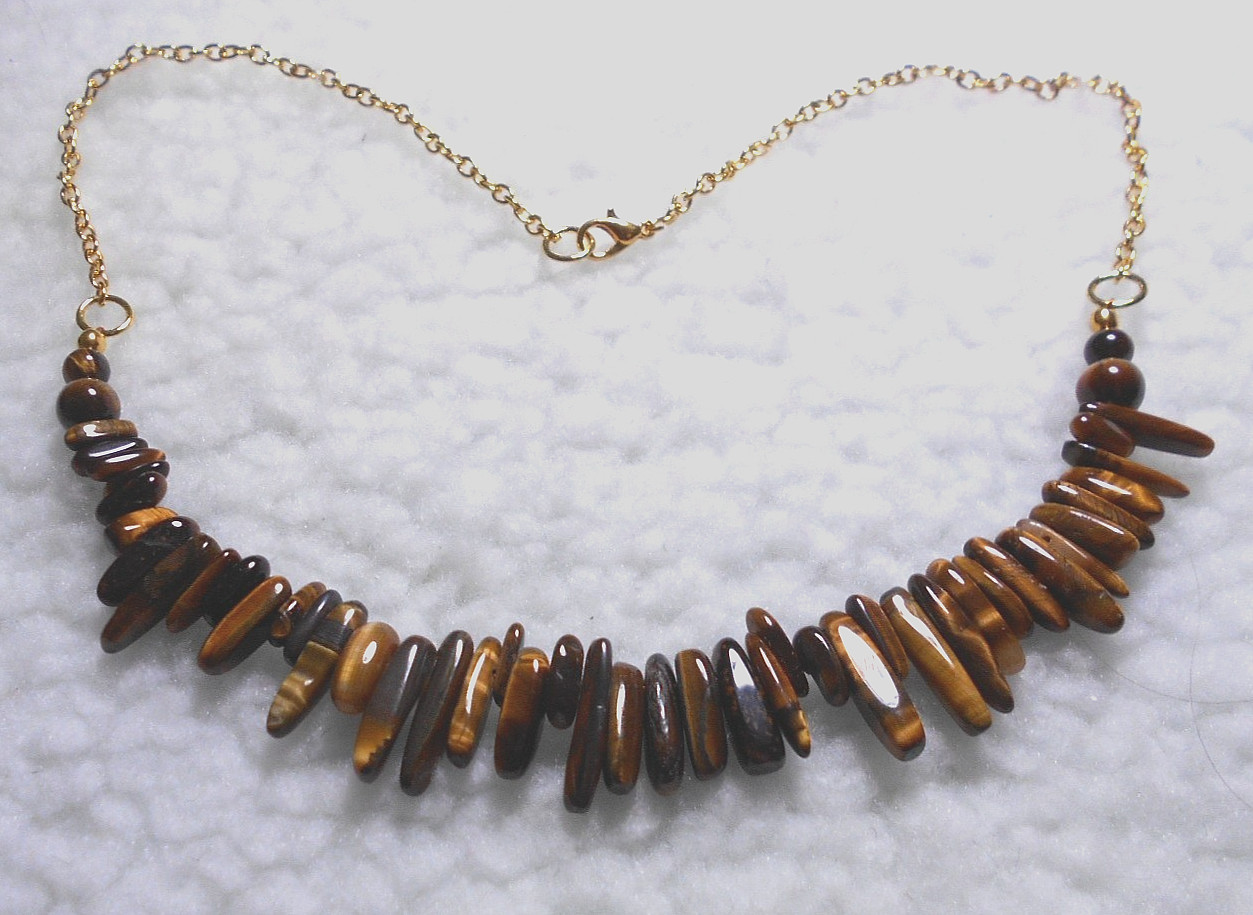 Tiger’s Eye Beaded Necklace, Gold colour chain, 20″, 51cm, Handmade.