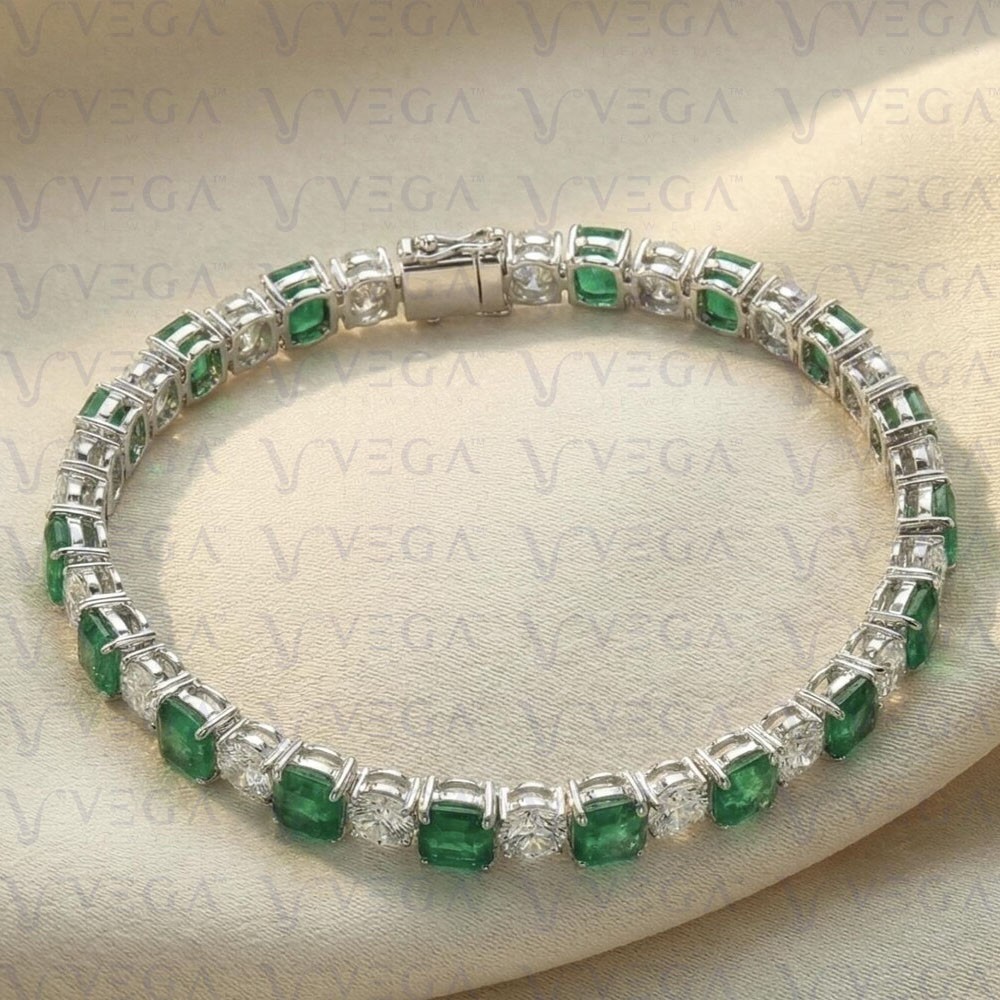 10.50Crt Asscher Natural Emerald & Diamond Tennis Bracelet 18K White Gold Plated