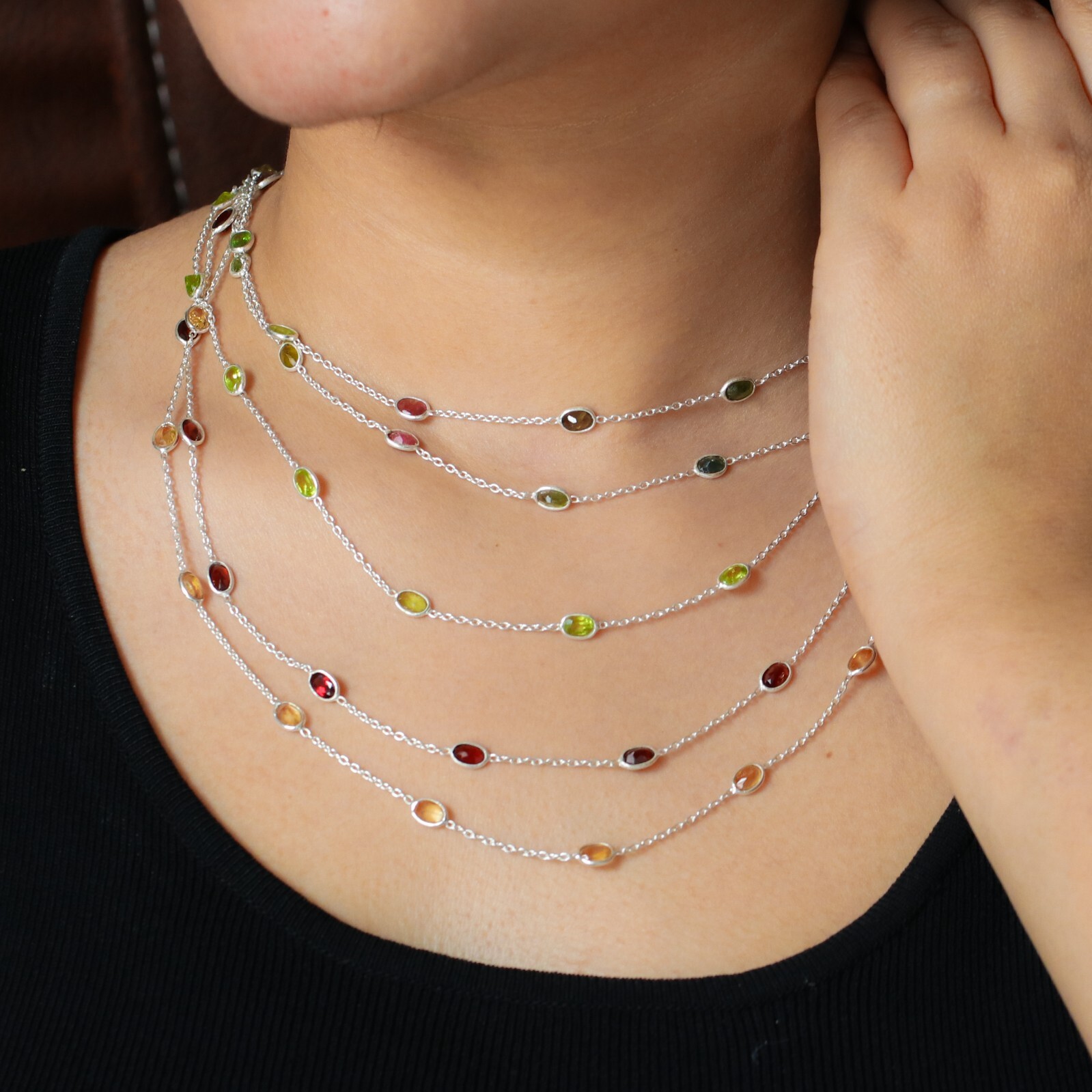 Multi-Color Tourmaline Bezel Set Station Necklace 925 Silver Summer Jewelry Gift