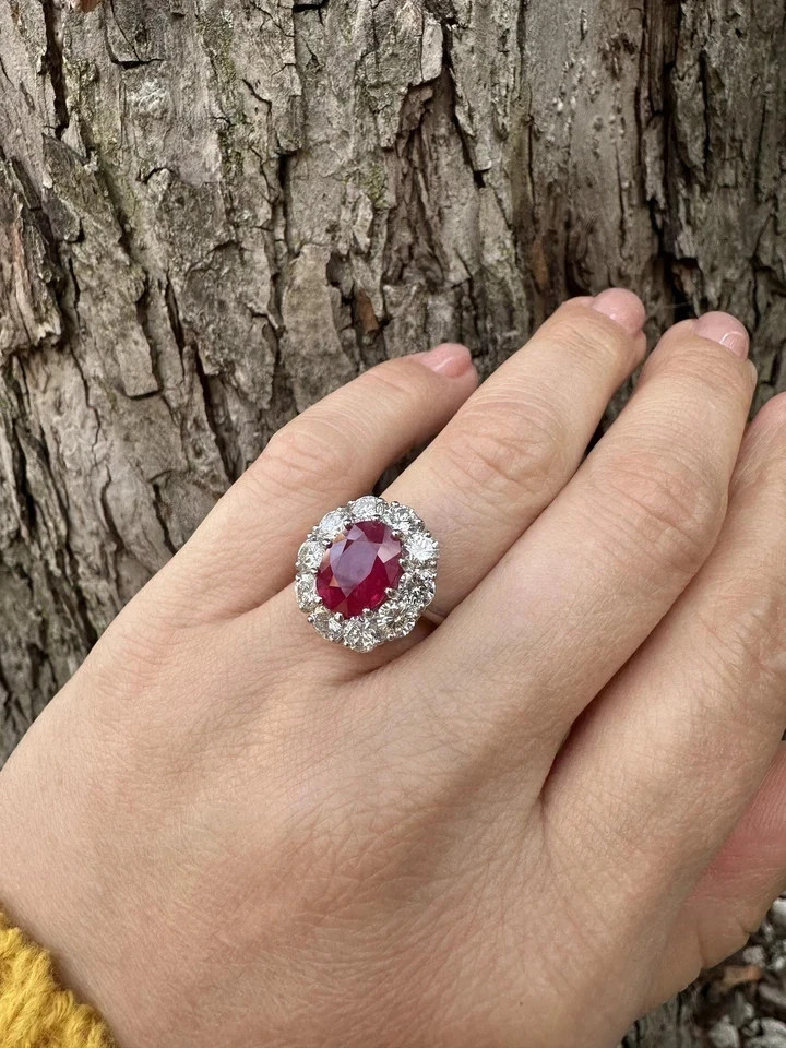 Natural Red Ruby & Diamond Wedding Ring 14K White Gold Oval Cut 6.45 Cts Size 7