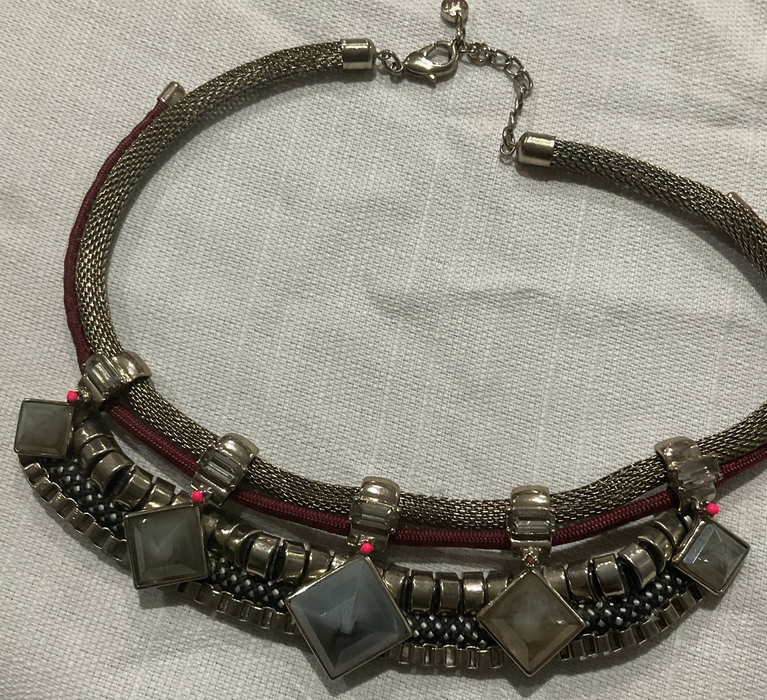 Silver Tone Multi-Strand Mesh Collar Necklace Gray Square Stones Red Cord