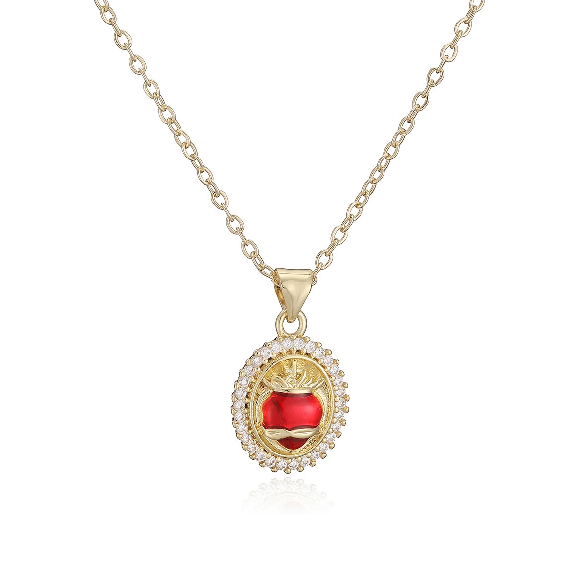 Brass Sacred Heart Red Crystal Necklace Gold Plated Cross Zircon Oval Pendant Ne