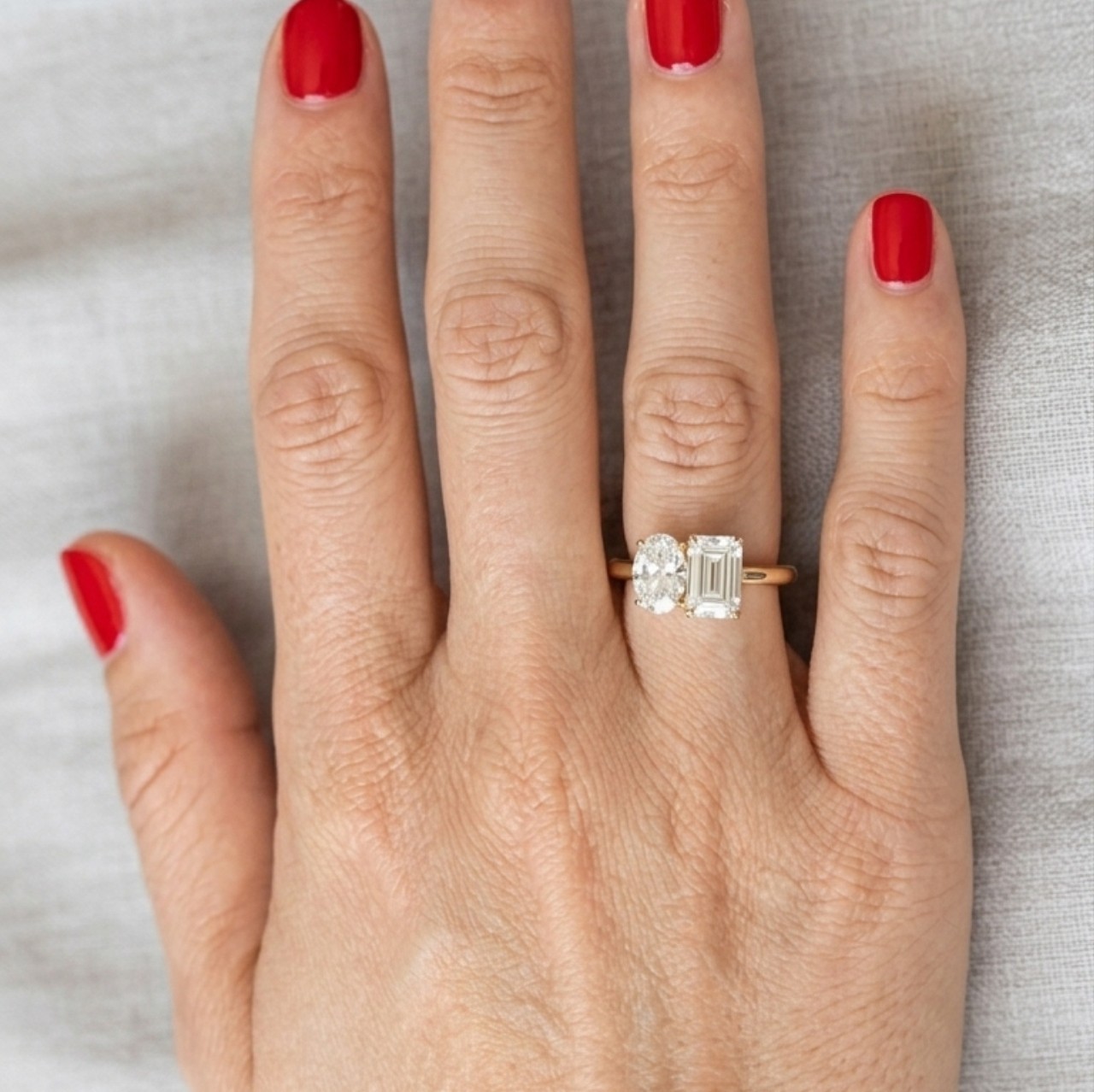 3 CT Emerald & Oval Moissanite Toi Et Moi Engagement Ring Yellow Gold Plated 925