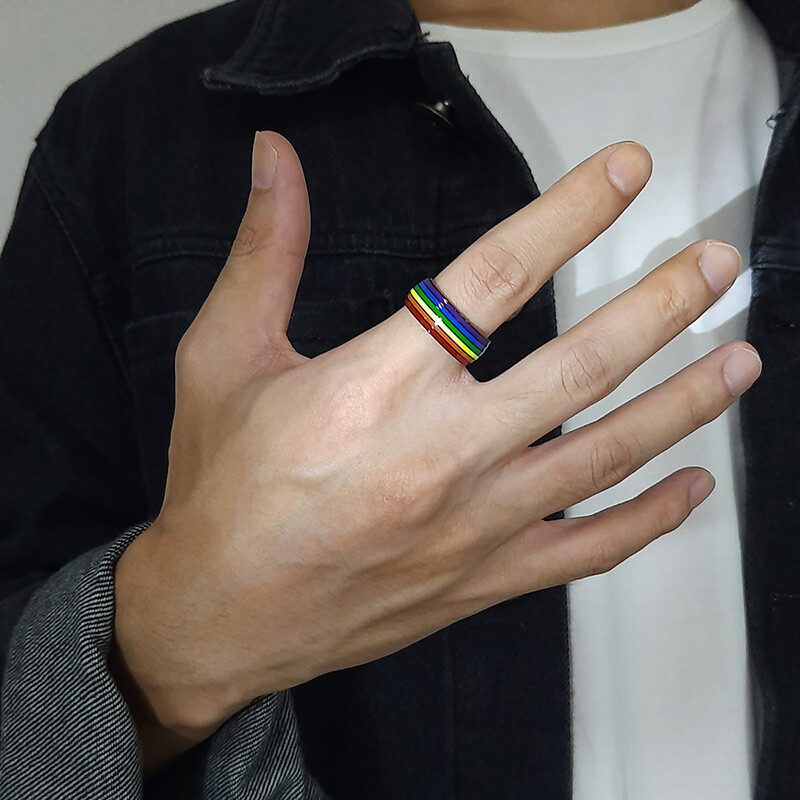 8mm Rainbow Color Love Gay Pride Lesbian Men’s Ring Stainless Steel Striped Band