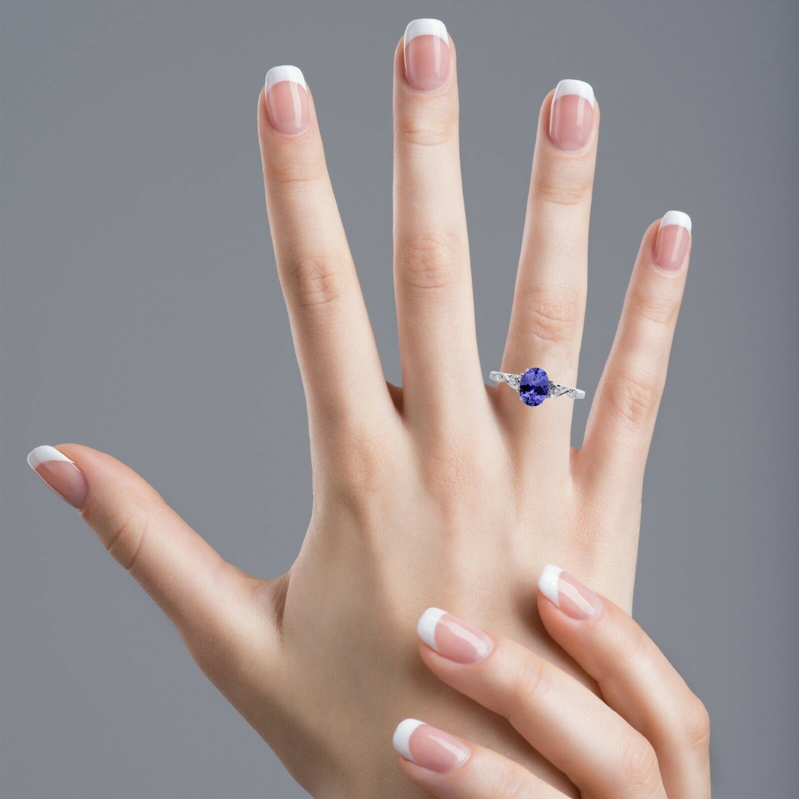 14k Solid White Gold Oval Natural Tanzanite & Diamond Swirl Shank Ring