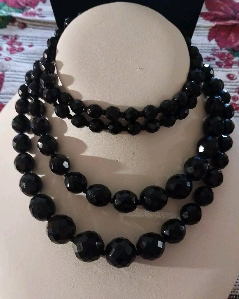 Two Vtg 1950’s Black Faceted Glass Necklaces. One 17 Inches The Other Is 34…