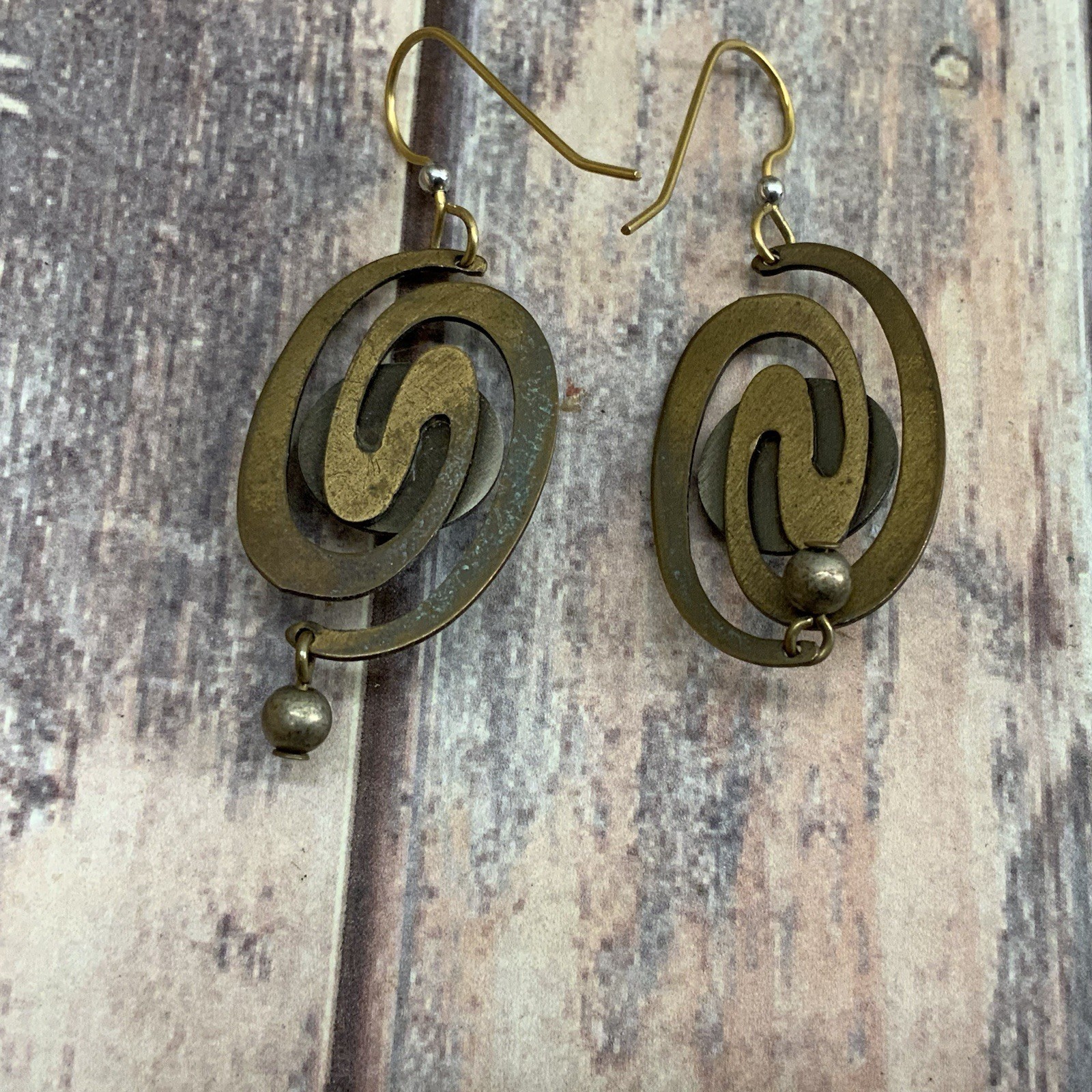 Artisan brass spiral faux turquoise cabochon boho earrings
