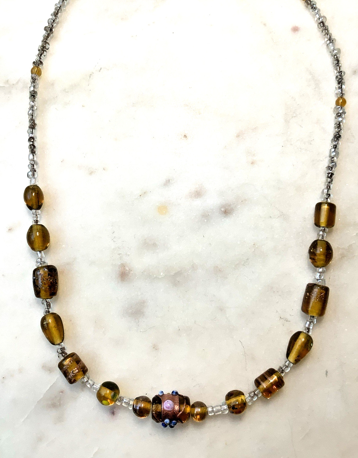 Vintage Wedding Cake Bead Necklace Gold Hand Blown Foil Glass Italy Lampwork