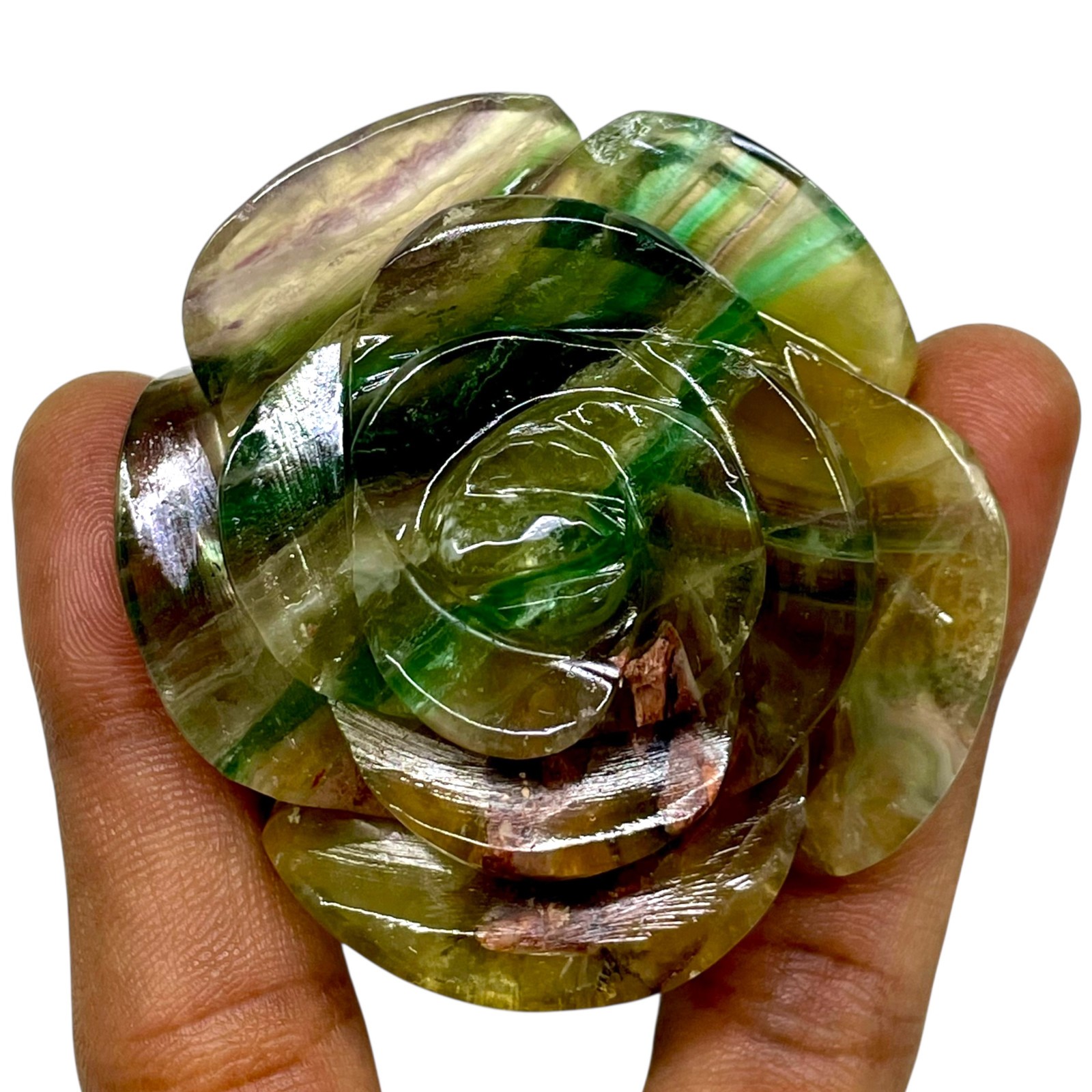 730 Ct Natural Bi Color Fluorite Rose Carving Unique Floral Design Huge Gemstone