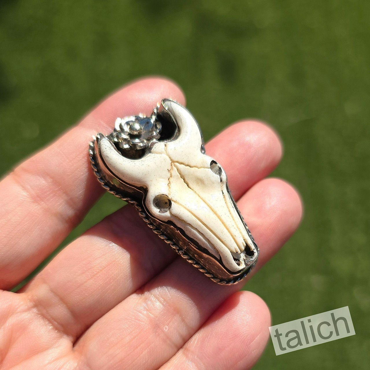 Hand Carved Buffalo Bone Bull Skull Floral Pendant Ethnic Western Boho Unique