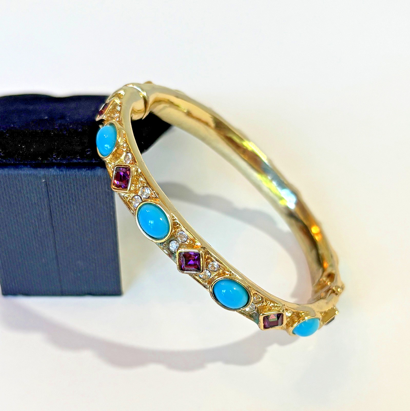 Kenneth Jay Lane Amethyst Faux Turquoise Cabochon Hinged Bracelet Gold Plate KJL