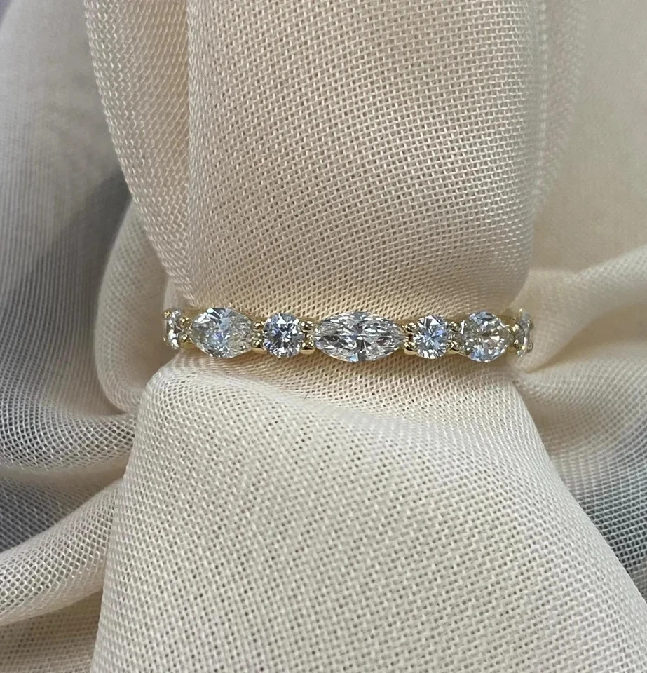 Diamond Band Round & Marquise Cut 0.7 Ct 14k Yellow Gold Lab Grown VVS E F CVD