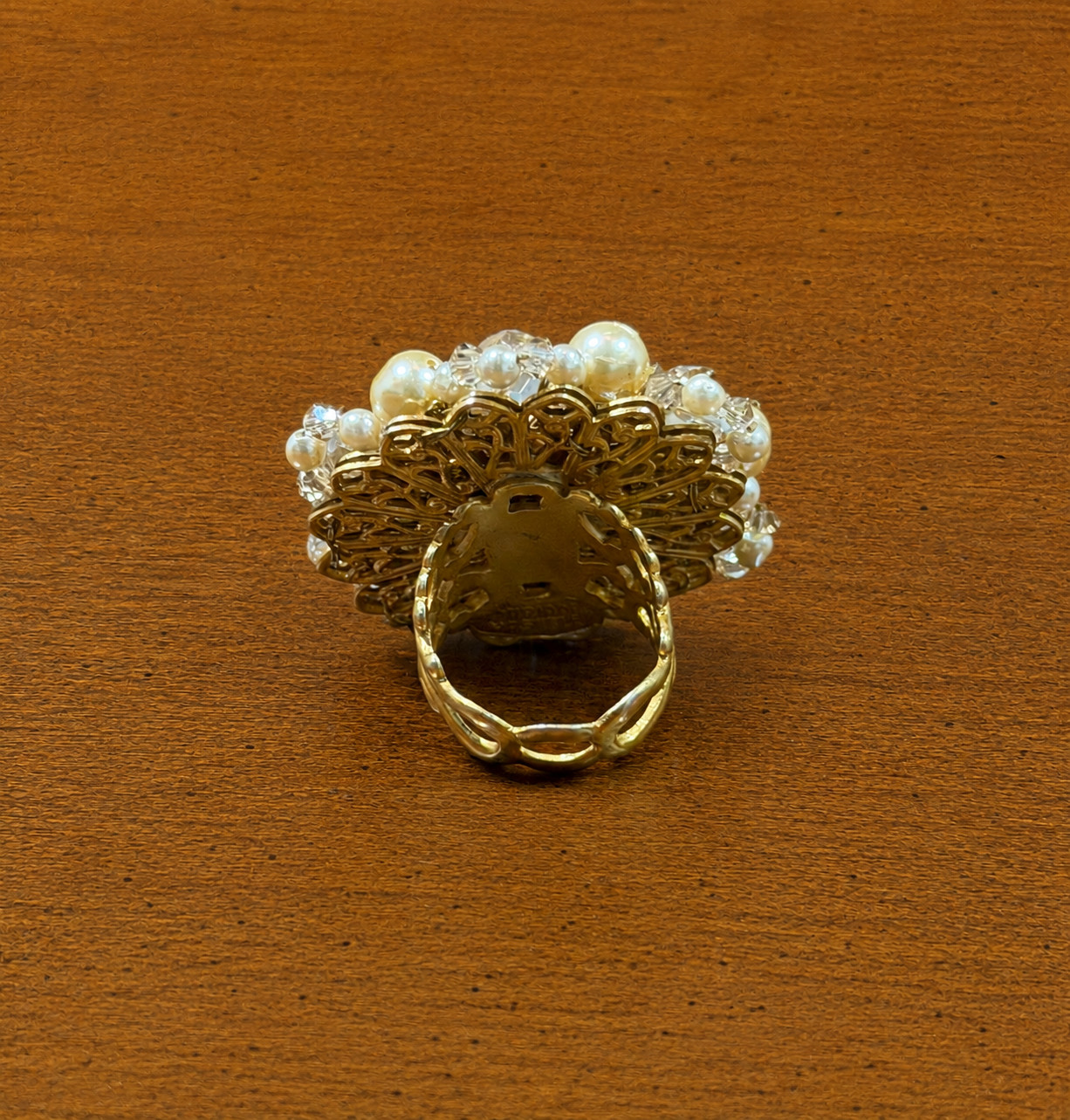 Signed Vintage Miriam Haskell Faux Pearl & Crystal Statement Ring Cocktail Ring