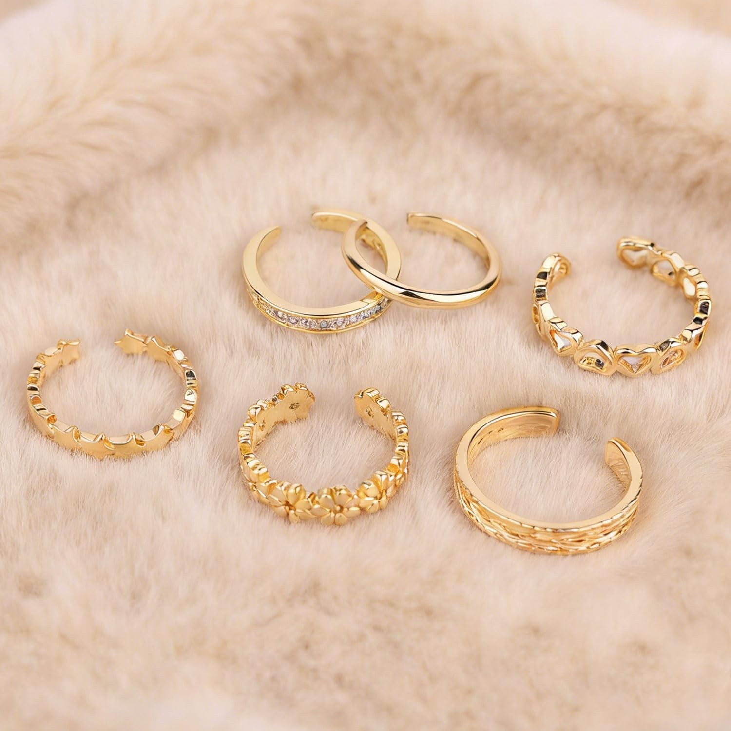 Mikovivi Gold-Colored Adjustable Toe Rings for Women, 6pcs Set, Floral Star