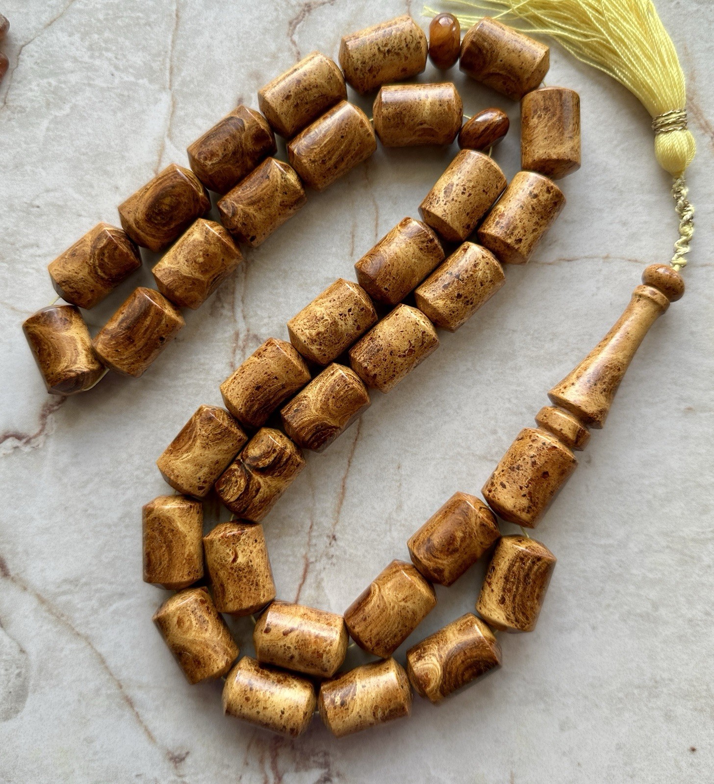 Big Baltic Amber 140g. Islamic Prayer Rosary Barrel 33 Brown Beads Pressed