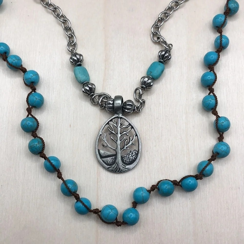 Blue Round Stone Beaded Necklace Silver-Tone Oval Tree of Life Charm Pendant