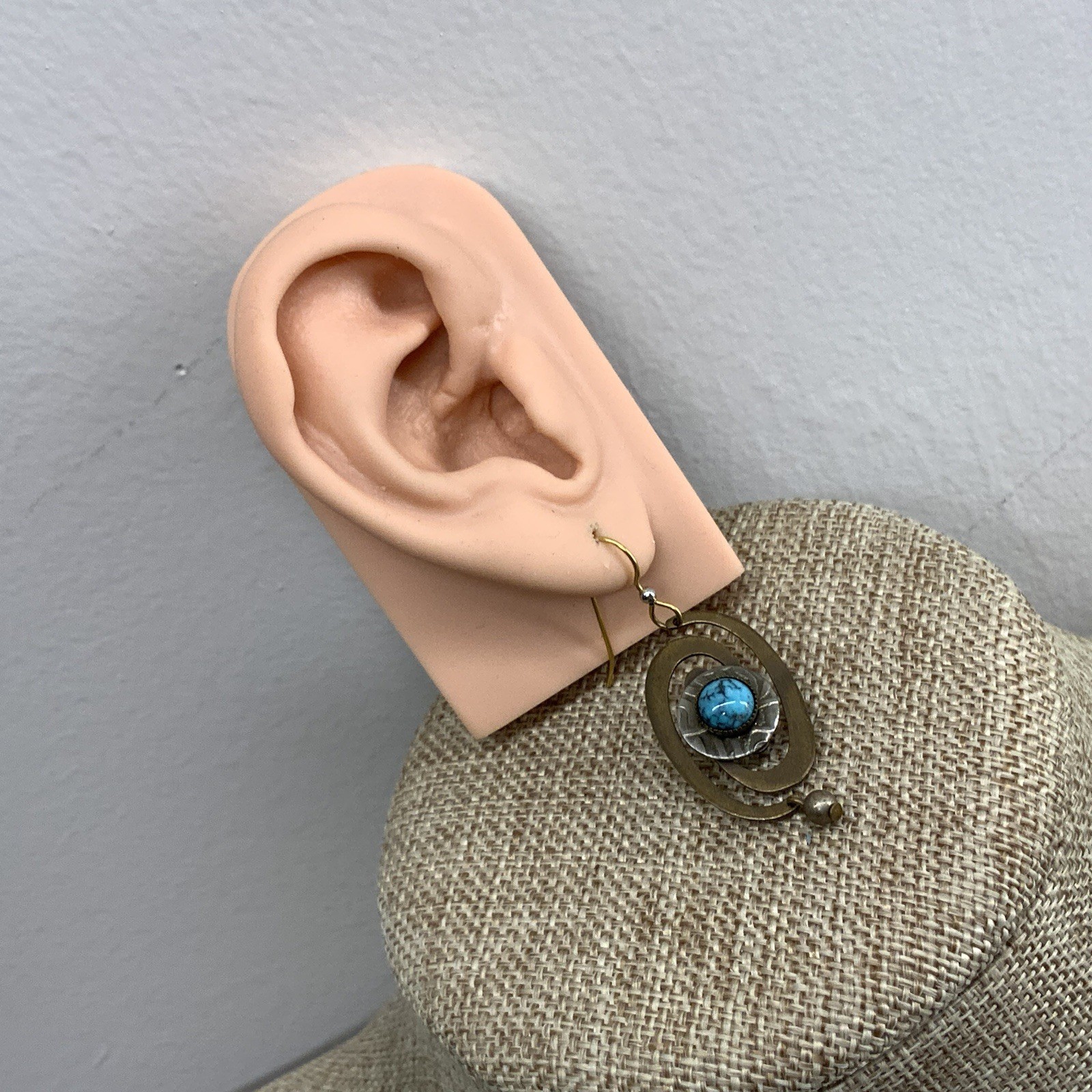 Artisan brass spiral faux turquoise cabochon boho earrings
