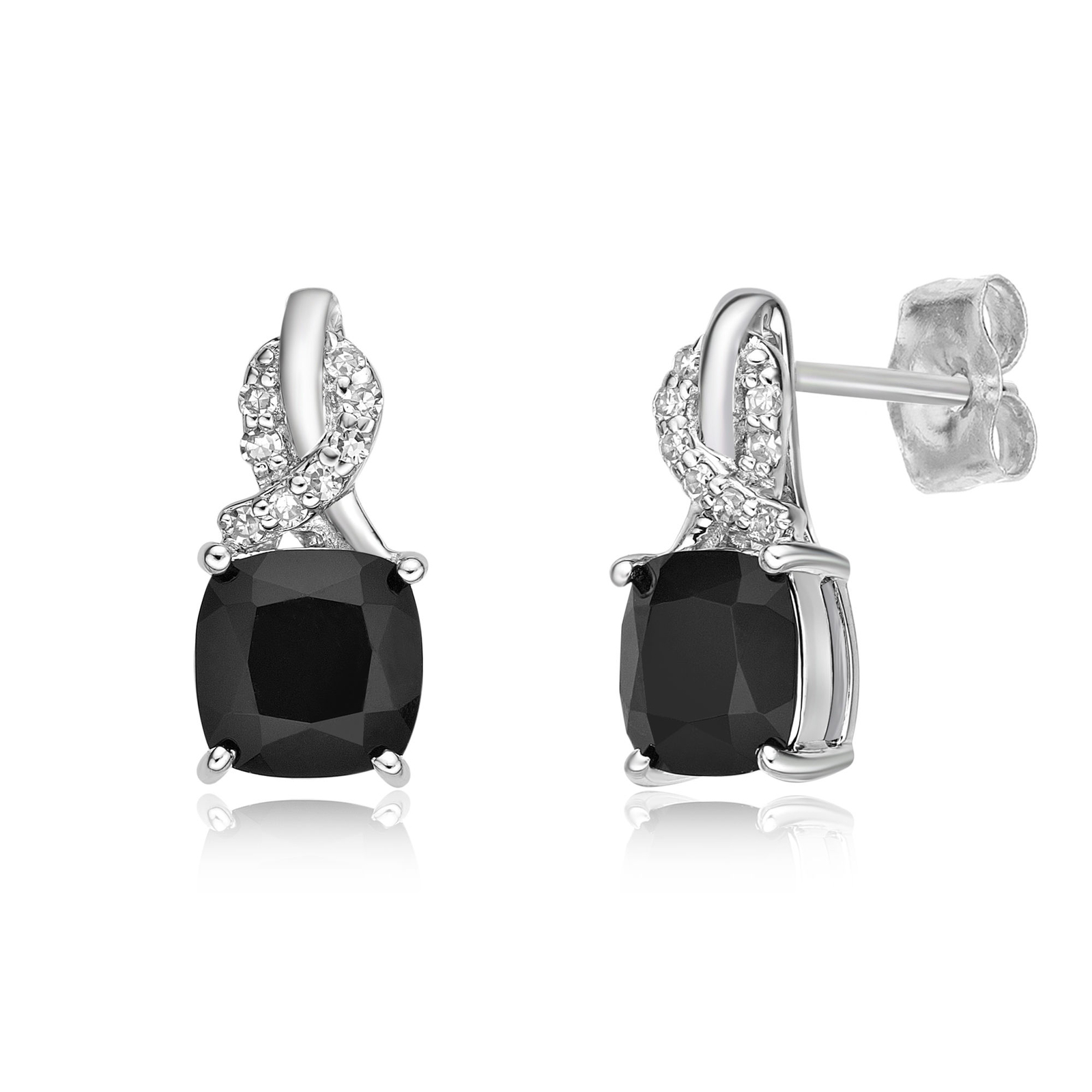 Sterling Silver Earrings with 6mm Black Onyx and 0.08 Cttw Diamonds
