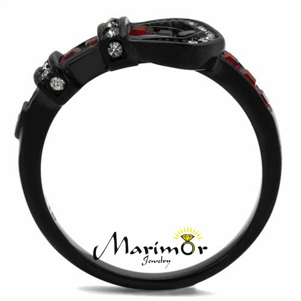Black Stainless Steel Ruby Red Crystal Belt Buckle Fashion Ring Women’s Sz 5-10
